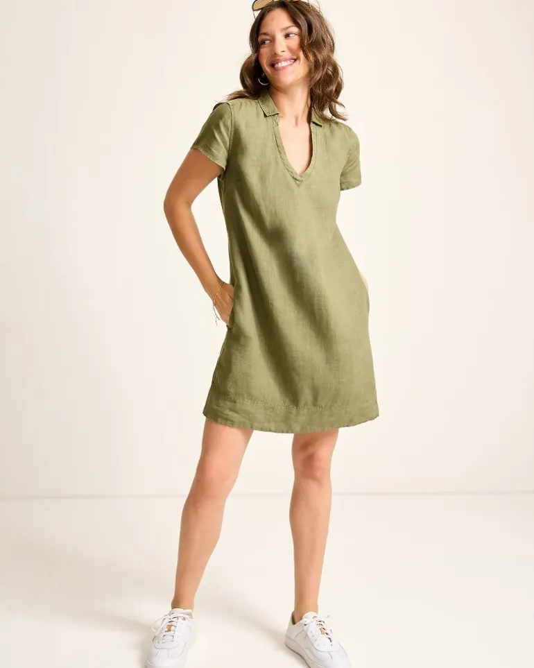 Two Palms Short-Sleeve Linen Collared Dress